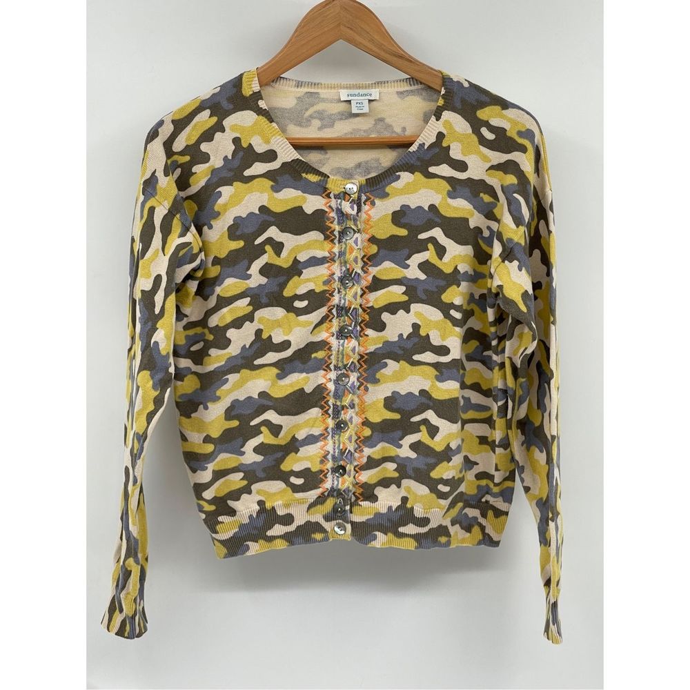 Sundance Cardigan‎ Sweater Women Petite XS Yellow Gray Blue Embroidered Camo